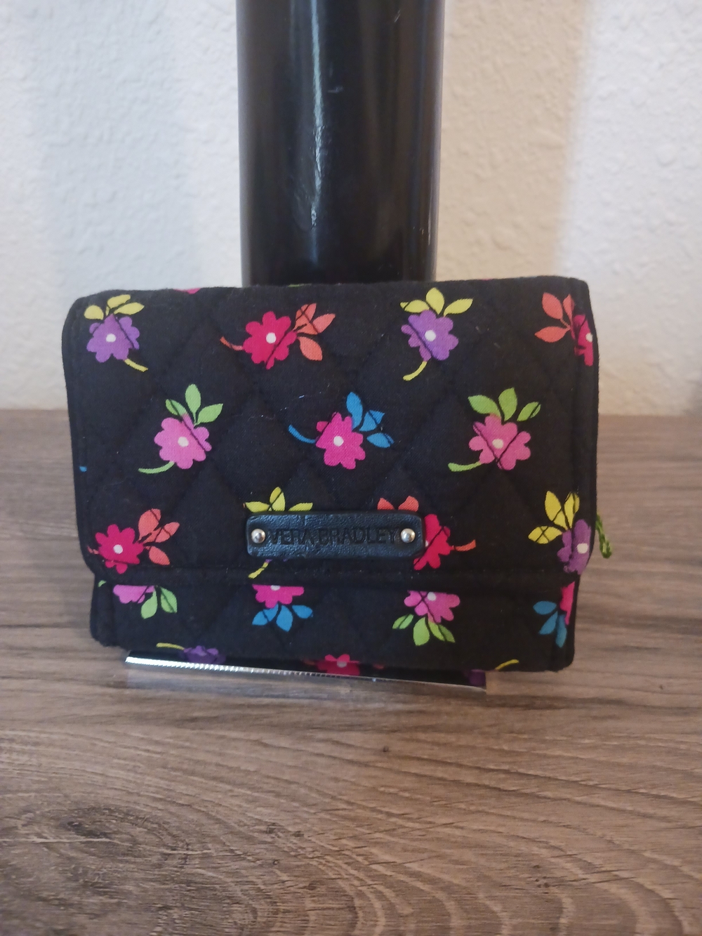 Vera Bradley Black Quilted Floral Coin Wallet with Bright Blossoms
